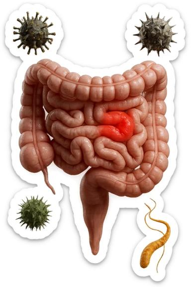 intestino anatomico realistico con red spot di infiammazione CON VARIE PARTICELLE TOSSICHE CHE CERCANO DI ATTACCARLO, IPERREALISTICO 4K sticker