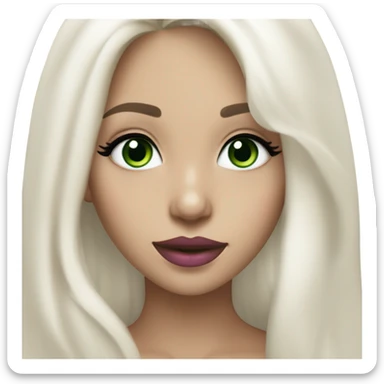 Girl with white blonde long hair and dark green eyes with black eyeliner and very white teeth and pink lipstick sticker