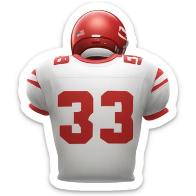 Red and white football jersey with the words “Three Peat World Champs sticker