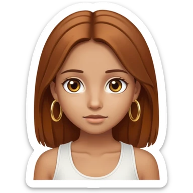 Tan-skinned girl, long straight chestnut hair center-part, big brown eyes, gold hoops, white tank sticker