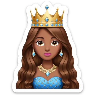 Queen, brown long hair, big golden crown encrusted with pink diamonds, black dress with blue diamonds sticker