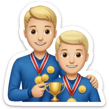 winner ceremony with one guy handing another guy a trophy. One of them having a medal around his neck. the other not sticker