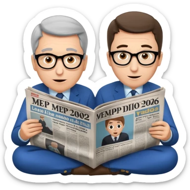 Gérard Larchet et yael braun pivet qui sont assis à genoux et qui lisent un seul et même grand journal et qui semblent émerveillés sur le journal on peut voir marque MEP 2026 au,milieu d’un article  sticker