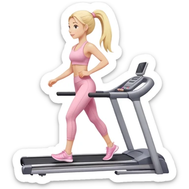 girl with long blonde pony tail walking on treadmill wearing light pink yoga set sticker