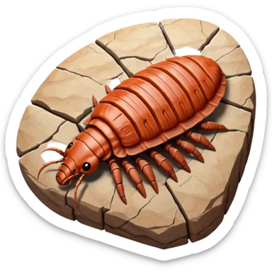 3D render of Trilobite, embedded in a chunk of rough sedimentary rock, cracked stone texture, ancient fossil aesthetic, fossilized in reddish sandstone rock, matte dry finish, Apple emoji style, isolated on white background --v 6.0 sticker