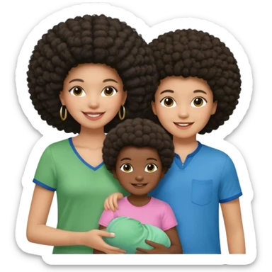 Polaroid photo with a dark woman with an afro hairstyle and a green blouse, two children: a boy with straight hair and a blue shirt, and a baby girl in a pink shirt. All are smiling. sticker