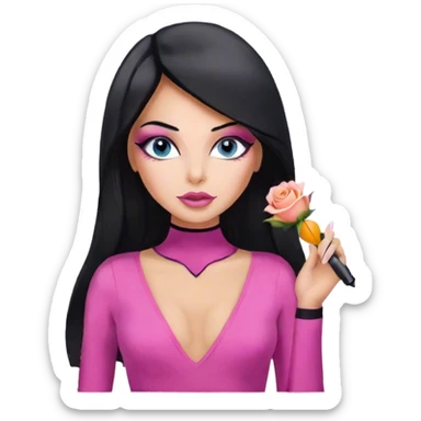 Glamours, tanned, very beautiful girl, with big pump peach-beige-rose lips, eyeliner, long lashes, black straight smooth silky long hair, straight parting hair, blue-grey eyes in pink bodysuit sticker