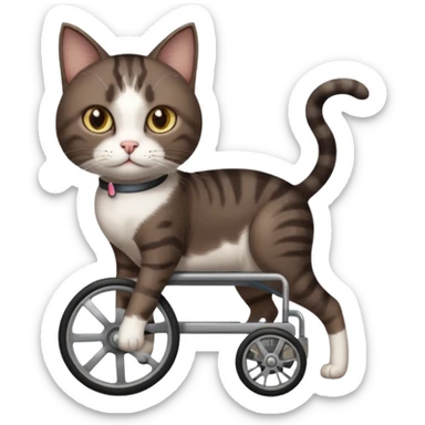 full body small short hair dark brown and white cat with hazel eyes walking in a wheelchair for cats sticker