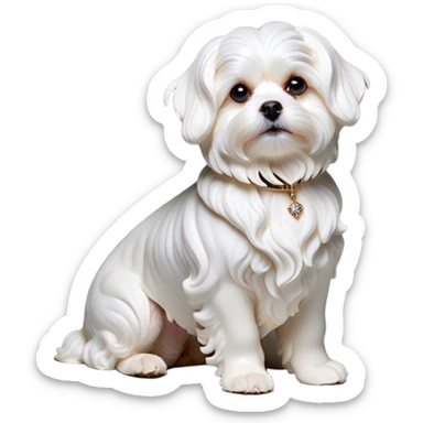 Cinematic Noble Wavy-Haired Maltese dog Portrait Emoji, Poised and regal, with a delicate, compact build and a pristine, wavy-haired white coat that cascades in gentle curls, deep-set soulful dark eyes, Simplified yet sharp and sophisticated features, highly detailed, glowing with a soft, dignified glow, high shine, intelligent and gentle, stylized with an air of refinement, focused and attentive, soft glowing outline, capturing the essence of a watchful and graceful companion, so majestic it feels as though it could prance out of the screen with effortless authority! sticker