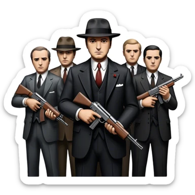 Vintage noir poster with Don Corleone surrounded by gangsters holding Thompson submachine guns. Dark and moody atmosphere with shadows, suits, and a mysterious vibe. Background features New York skyscrapers, adding to the gritty, classic gangster film feel. Transparent background. sticker