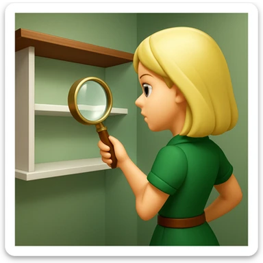 emoji of white empty shelf in perspective view with a standing woman nearby, she is looking at the shelfs with a magnifying glass, she is turned to the shelfs, emoji style, woman wearing a green dress, adjust the perspective to be more dramatic sticker
