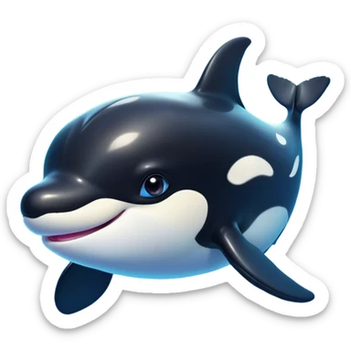 Cinematic Cute orca Portrait Emoji, Head tilted playfully and inquisitively, featuring a smoothly rounded body with bright, sparkling eyes and an adorable, friendly smile, Simplified yet irresistibly adorable features, highly detailed, glowing with a warm, ocean-blue glow, high shine, affectionate and lively, stylized with a touch of whimsical aquatic charm, soft glowing outline, capturing the essence of a mischievous yet endearing orca that seems as if it could leap right into your heart! sticker