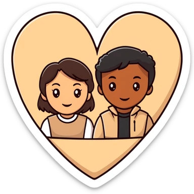 A couple with dark brown hair and mixed skin tone inside a white heart, both wearing beige clothes sticker