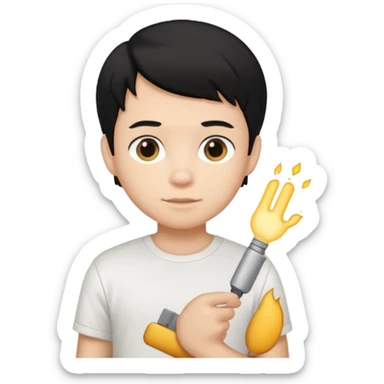 generate a pretty bratz emoji of a boy with black hair wearing a white tshirt and holding a cTCAT sticker