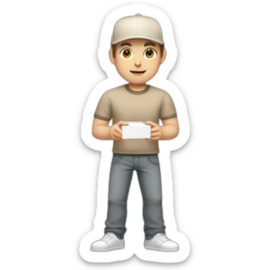 Pale skinned fit Man with dark brown hair in a beige cap, gray jeans, brown polo and white T-shirt keeping a pasted with tape white box into his hands sticker