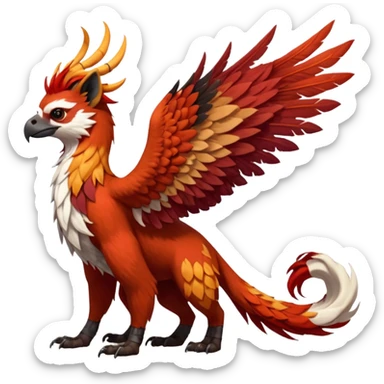 4-legged realistic digitigrade scaly winged long-big-beaked Gryphon-Griffin-Griffsnuff-Talonflame-Silvally-Braviary-Red-Panda-fusion-hybrid-animal-Fakémon-creature, full body, with a long thin tufted lion-tail, long tufted winged feathery ears sticker