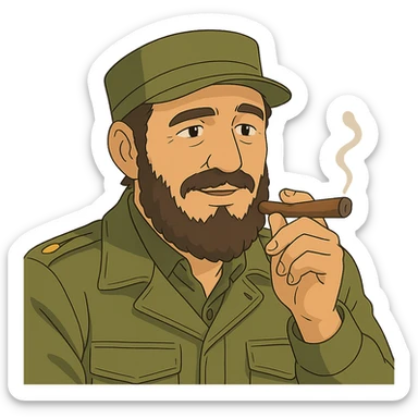 ghibli style illustration of Fidel Castro with a cigar sticker