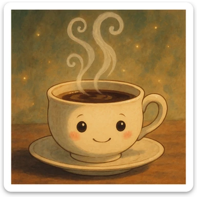 a whimsical teacup with a tiny face and steam, ghibli style sticker