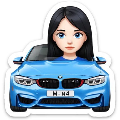 Make a cute Russian girl with black hair and blue eyes with a BMW m4 sticker