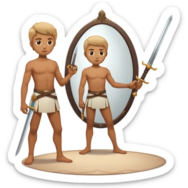 A person standing in front of a mirror, looking, while a sword on the floor. The mirror represents self-awareness and acceptance sticker