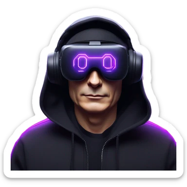Vladimir Putin wearing a black hoodie with "OMG" letters on it and VR headset oculus quest 2 in a cyberpunk VR environment with violet neon lighting. sticker