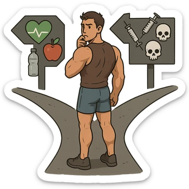 muscular young man standing at a crossroads with one road showing health symbols and the other showing risk symbols like syringes and skulls, indecisive expression, isolated on white background sticker