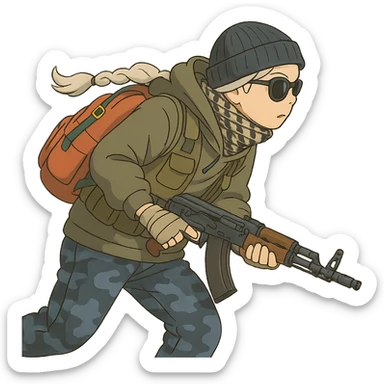 1 female, long white braid, knit cap, dark sunglasses, shemegh neckwrap, fishing vest, vibrant shool backpack, drab hoodie, handwraps, blue camo pants, AKS-74U, hunched over, on the move sticker