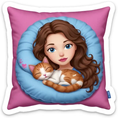 girl with long wavy brown hair, blue eyes, long lashes makeup, sexy pink lips, sleeping on a cozy pillow with 6 cats sticker