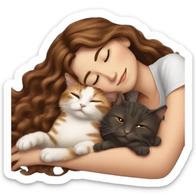 White Girl with long brown wavy hair napping with a tortoiseshell cat sticker