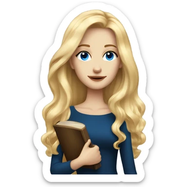 Beautiful skinny woman long blonde hair in dark dress with blue eyes gold earrings with book  sticker