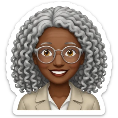 smiling dark older black woman wearing glasses with lots of long curly silver hair a sticker