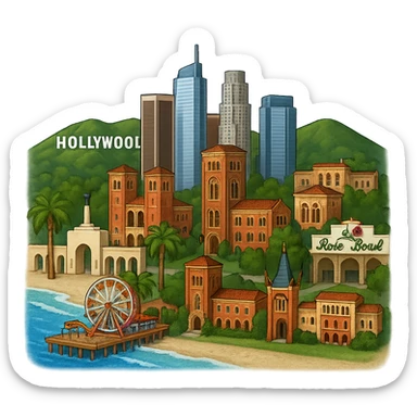 Adjust the Los Angeles emoji so that the Los Angeles Memorial Coliseum arches, Royce Hall at UCLA, Bovard Administration Building at USC, and the Rose Bowl Stadium with its neon sign are positioned more inland, away from the beach. Keep the Santa Monica Pier and beach at the coast, and maintain the iconic downtown LA skyline, Chinese Theater, and Hollywood Sign. Preserve lifelike architectural detail, accurate colors, bright daytime lighting, and a fully transparent background with no sky, no clouds, and no city name label. Do not change any other aspect of the image. Maintain the style and look of the original emoji image. sticker
