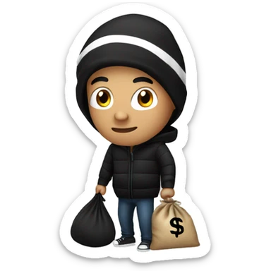 Thief with striped black shirt, money bag and black beanie sticker