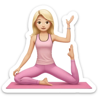 Create a young woman with long blonde hair, golden eyes, and medium-light skin tone, wearing a light pink tank top and leggings. She should be doing yoga, with a smile sticker