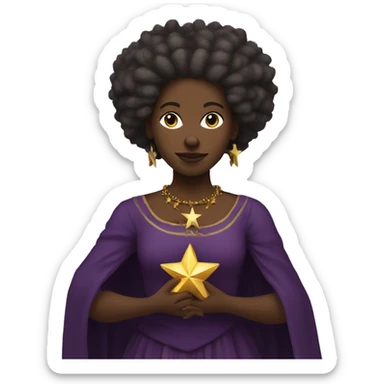 Afro indigenous woman with dread locks and dark skin, purple medieval dress holding a golden star. sticker