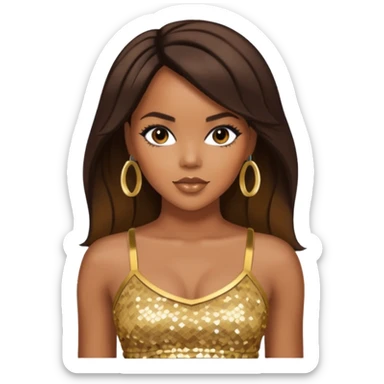 LeToya Luckett with long dark brown hair, gold sequin crop top  sticker