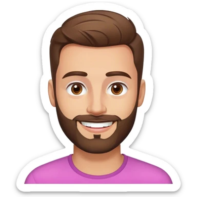 attractive man, hazel eyes, pink lips, trimmed beard, faded cut long top, sharp jawline, thick eyebrows, brown hair, smiling sticker