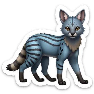Realistic patterned marked edgy cute cool bluish greyish blackish whitish silvery coppery Shiny Colorful Dusky Dark Gloomy Glossy Aardwolf-Caracal-Cougar-Lion-Bobcat-fusion-animal-hybrid-creature, full body, tufted ears, long thin tufted tail sticker