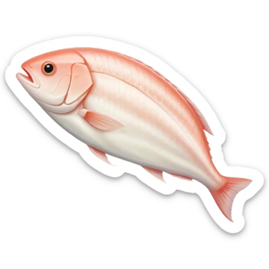 single raw white fish fillet, soft curved shape, smooth slightly translucent flesh, pale ivory to light pinkish color, fine muscle lines, cleanly trimmed edges, moist fresh appearance, no skin, no bones, no garnish, soft lighting, subtle shadows, emoji scale sticker