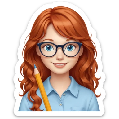 redheaded woman with very long wavy hair and bangs, blue eyes, clear cat-eye glasses, casual chic outfit, holding a pencil, smiling sticker