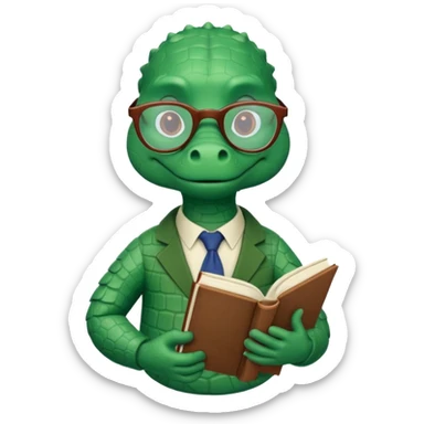 A claymation-style academic alligator. The background is a solid white circle sticker