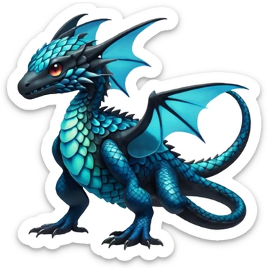 Multicolored dark shiny bioluminescent glowing black and cyan and blue gloomy spooky scales-covered pretty cool elegant realistic abyssal exotic Fakémon-Pokémon-Digimon-Trico, full body sticker
