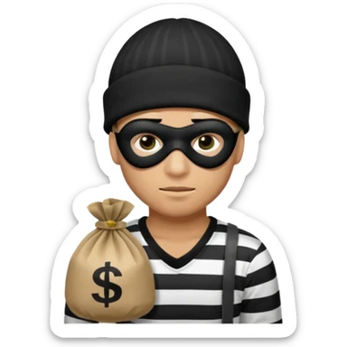robber wears black eye mask, black beanies and black and white stibes shirt with one brown money bag beside him sticker
