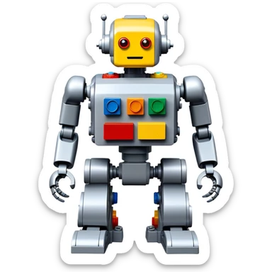 A big photorealistic icon featuring a detailed robot figure built from LEGO bricks, with intricate parts and colorful pieces. The design includes the LEGO logo subtly visible, with a focus on the craftsmanship and creativity of the build. Transparent background. sticker
