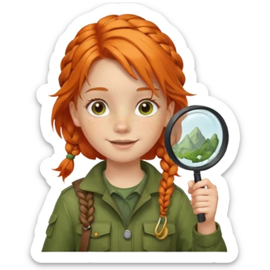 braid orange haired girl kid in moss green explorer outfit, holding magnifying glass, smile sticker