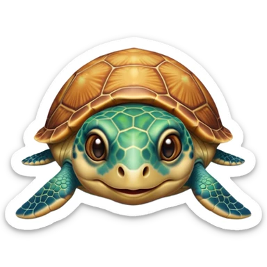 Cinematic Cute Sea Turtle Portrait Emoji, Head tilted playfully and inquisitively, featuring a charming, compact form with a beautifully patterned, domed shell and gentle, sparkling eyes full of oceanic wonder, Simplified yet irresistibly adorable features, highly detailed, glowing with a warm, friendly sea glow, high shine, affectionate and lively, stylized with a touch of whimsical marine charm, soft glowing outline, capturing the essence of a mischievous yet loving sea turtle that seems as if it could swim out of the screen into your arms! sticker