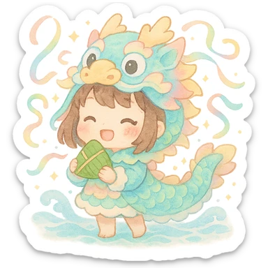 kawaii chibi girl in a pastel dragon boat costume, happily holding a rice dumpling, surrounded by floating colorful ribbons, tiny sparkles, soft waves, festive Dragon Boat Festival atmosphere, soft watercolor texture, pastel color palette, fluffy details sticker