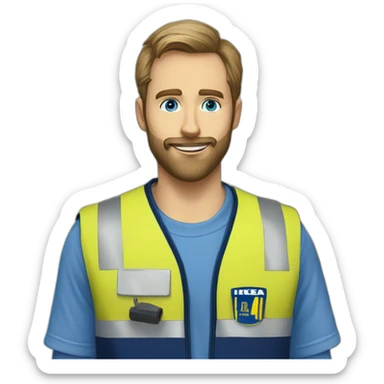 Ikea coworker blue eyes beard manager man blue stripes t-shirt and yellow security vest sticker