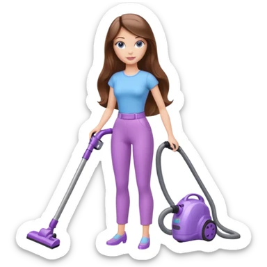 beautiful barbie girl with long brown hair, blue eyes and wearing light purple clothes, cleaning and vacuuming sticker