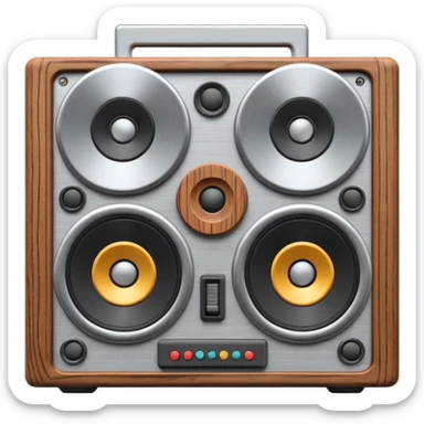 3D render of Speaker Stack, vintage 1980s audio equipment aesthetic, tactile analog buttons, silver metallic face with two large brown magnetic tape wheels, mixed wood grain and brushed aluminum textures, Apple emoji style, isolated on white background --v 6.0 sticker